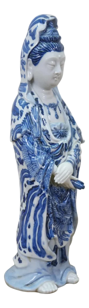 Vintage Japanese Kutani Blue White Porcelain Quan Yin Goddess Statue 10"