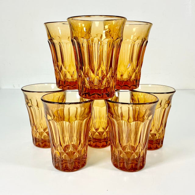 Glass Vintage Indiana Glass Co Art Deco Boho Chic Hollywood Regency Depression Era Amber Tumblers - Set of 8 For Sale - Image 7 of 11