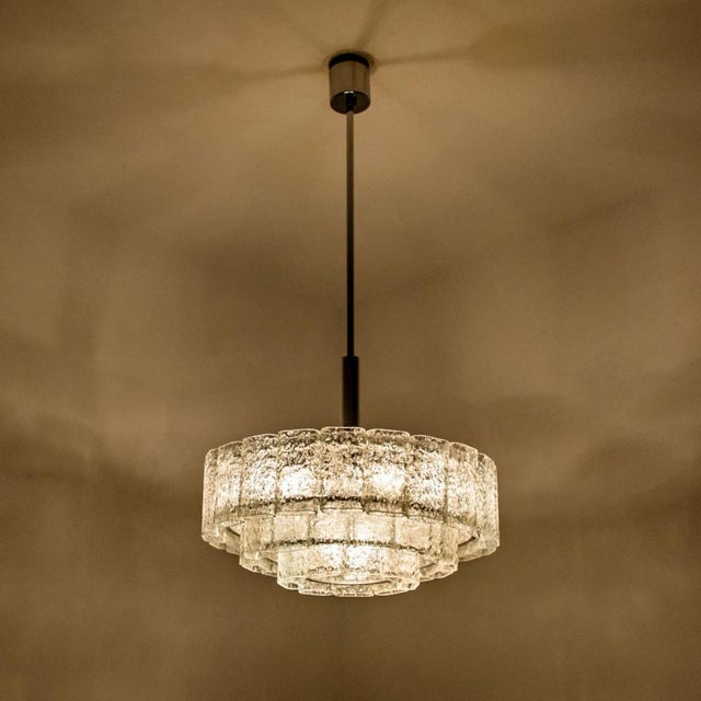 Cylindrical 3 Tier Ice Glass Chandelier attributed to Doria Leuchten, 1960s For Sale - Image 16 of 18