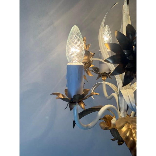 1970s Hollywood Regency Cream and Gilt 3-Arm Chandelier with Floral Details, 1970 For Sale - Image 5 of 15