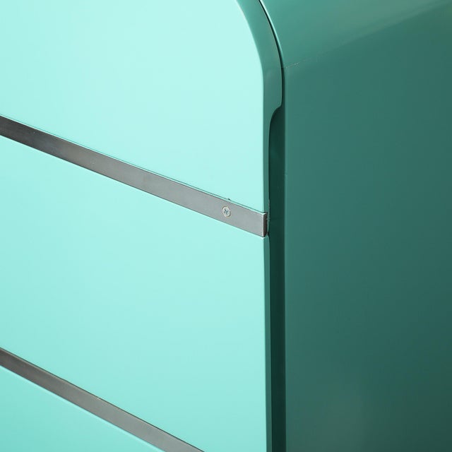 Art Deco Art Deco Robin's Egg Blue Lacquer & Brushed Aluminum High Chest by Donald Deskey For Sale - Image 3 of 12