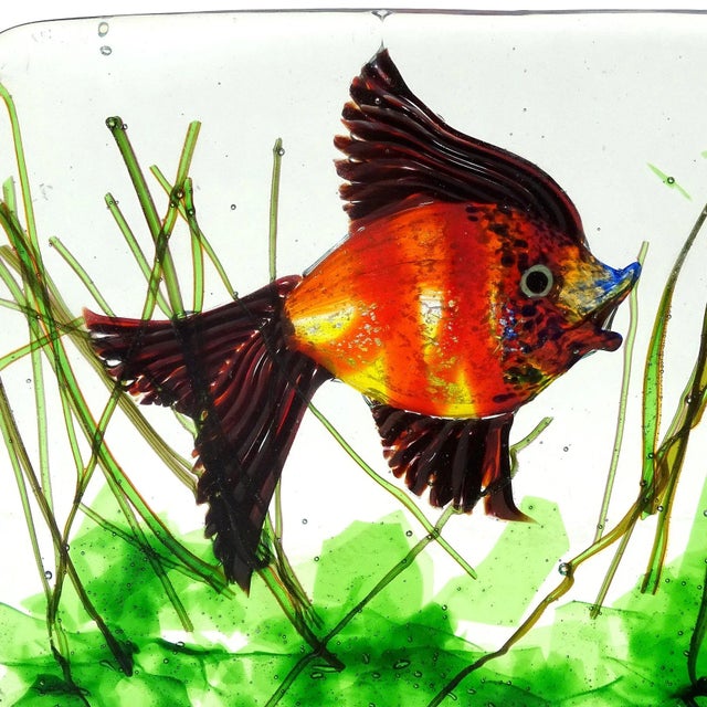 Beautiful vintage Murano hand blown red-orange and silver flecks Italian art glass fish aquarium sculpture block....