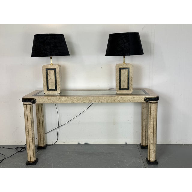 Mid-Century Modern Vintage Italian Style Table Lamps in Travertine Marquetry with Brass Details from Maitland Smith, 1980s, Set of 2 For Sale - Image 3 of 11