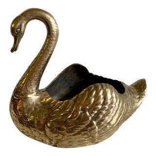 Vintage Solid Brass Swan Planter For Sale