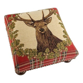 00 English Traditional Stag Motif Red Tartan Tapestry Footstool For Sale