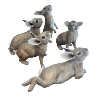 Artist Signed Lori Hough Papier Mache Bunny Rabbit Sculpture - Collection of 5 For Sale