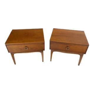 Pair Mid-Century Modern One Drawer End Side Tables Night Stands Brass Ring Pulls For Sale