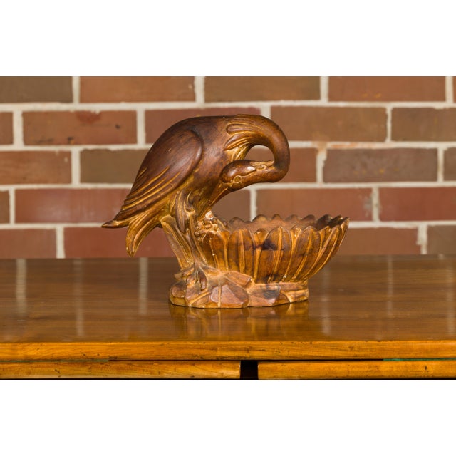 Italian Midcentury Carved Wooden Bowl with Crane and Leaf Motifs For Sale - Image 10 of 12