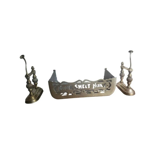 1920s "Home Sweet Home" Solid Brass Fireplace Fender and Fireplace Dogs Set- 3 Pieces For Sale - Image 11 of 11