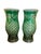 A striking pair of vintage emerald green cut crystal hurricane vases, beautifully faceted with deep diamond patterning and...