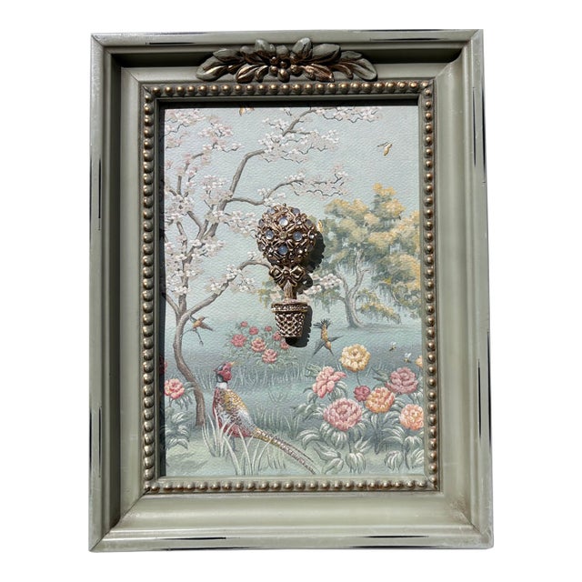 Vintage Topiary Against Tapestry Print in Gold and Green Frame For Sale