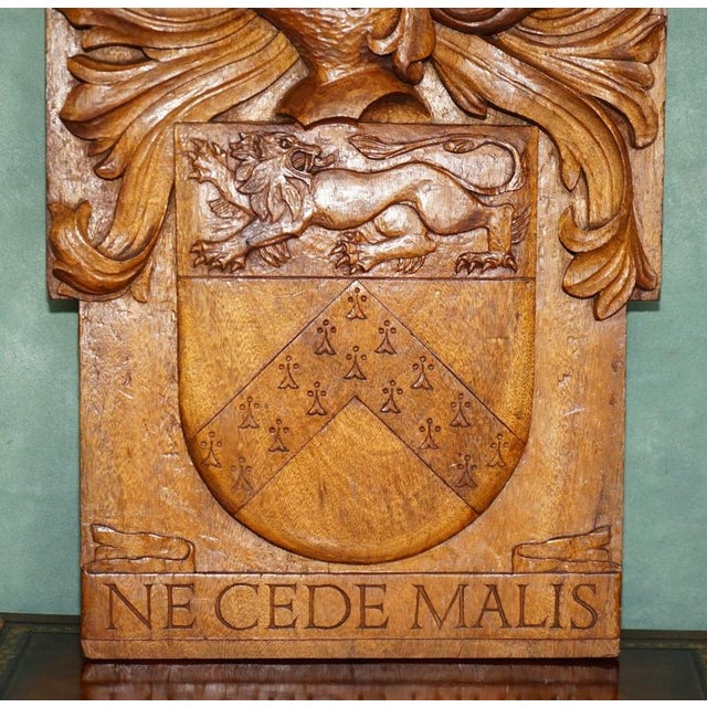 Large Antique Hand-Carved Oak Heraldic Coat of Arms Armorial Panel For Sale - Image 3 of 18