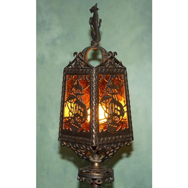 American Gothic Revival Bronze and Amber Glass Ship Lantern Floor Lamps, 1920, Set of 2 For Sale - Image 12 of 18