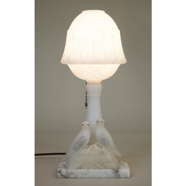 1930s 1930s Art Deco Carved Alabaster Marble Two Love Birds Sculpture FairyTable Lamp Italy For Sale - Image 5 of 14