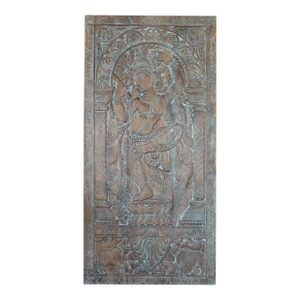 Vintage Hand-Carved Krishna Wall Art – Fluting Krishna With Cow Wooden Temple Panel 72x36