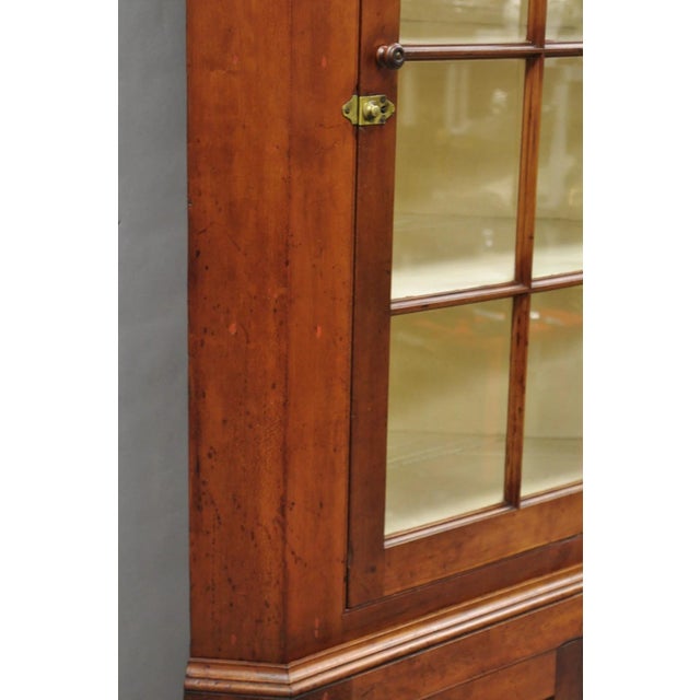 Antique Colonial Primitive Cherry Wood Glass Front Corner China Cabinet Cupboard For Sale - Image 14 of 18