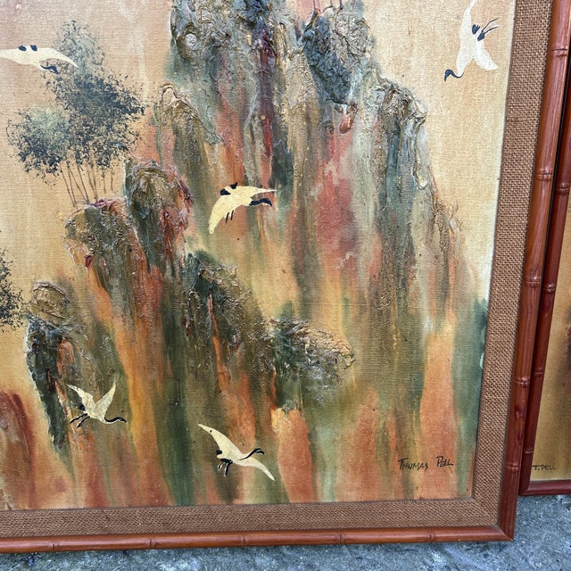 1960s Mid-Century Modern 3-Panel Triptych Painting by Thomas Pell Soaring Cranes & Landscape For Sale - Image 6 of 12