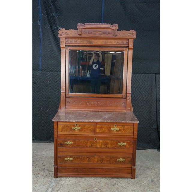Late 19th Century Antique Victorian Eastlake Walnut Burl Marble Top Dresser & Mirror Vanity Chest For Sale - Image 5 of 15