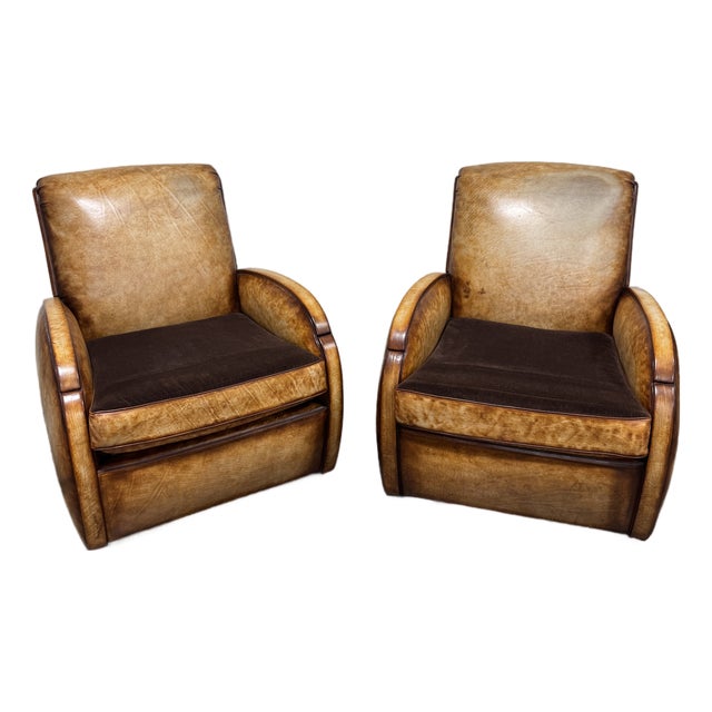 Art Deco Style Leather & Velvet Club Chairs - A Pair For Sale