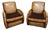 Art Deco Style Leather & Velvet Club Chairs - A Pair For Sale