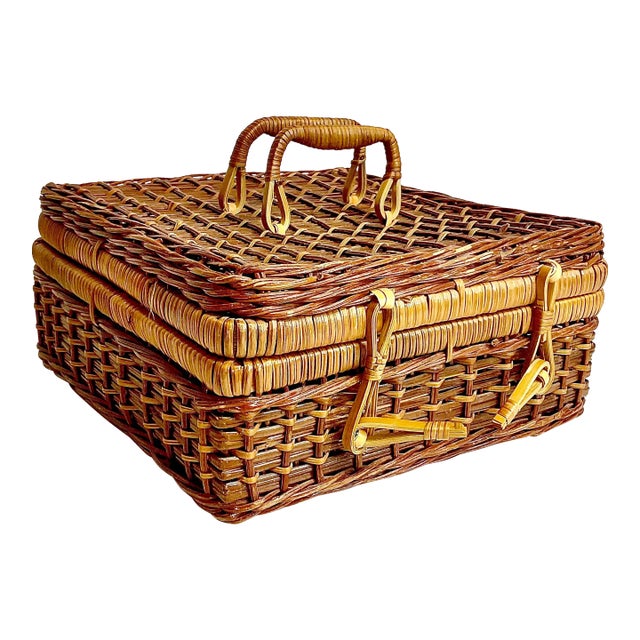 Mid-Century Boho Chic Arts & Crafts Wicker Suitcase Style Basket in Dark Stain. For Sale