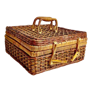Mid-Century Boho Chic Arts & Crafts Wicker Suitcase Style Basket in Dark Stain