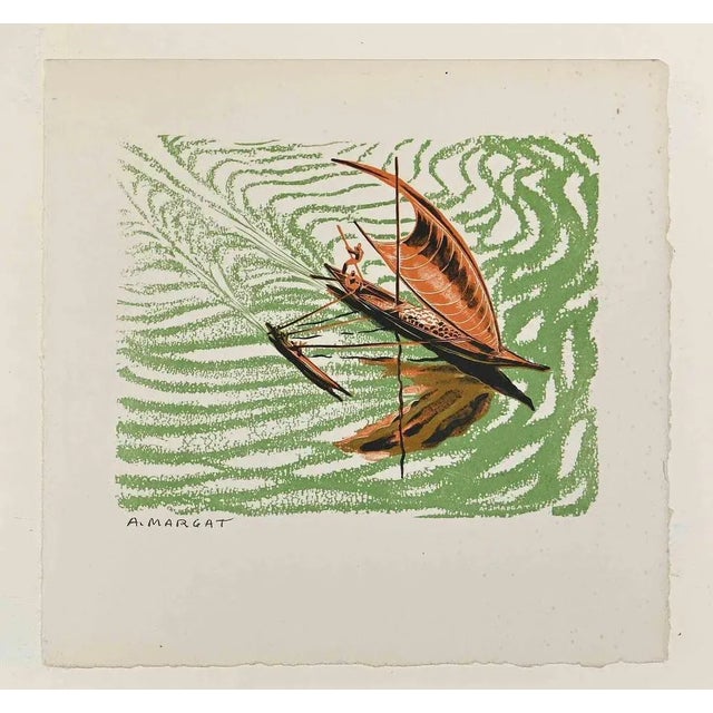 Boats is an Original Lithograph realized by André Margat in the mid-20th Century. Good conditions. The artwork is realized...