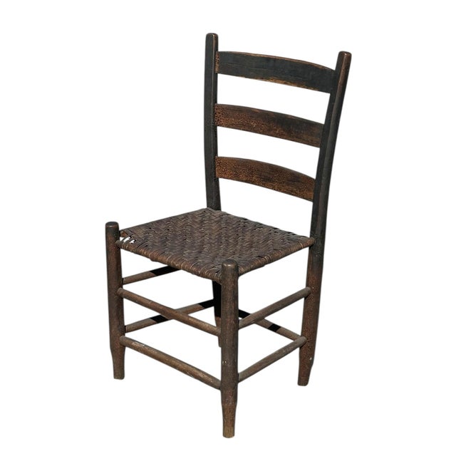 Farmhouse Antique Primitive Black Painted Ladderback Side Chair With Splint Woven Seat For Sale - Image 3 of 12