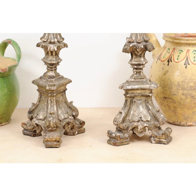 Wood Rococo Period 18th Century Italian Painted and Carved Candlesticks - a Pair For Sale - Image 7 of 13