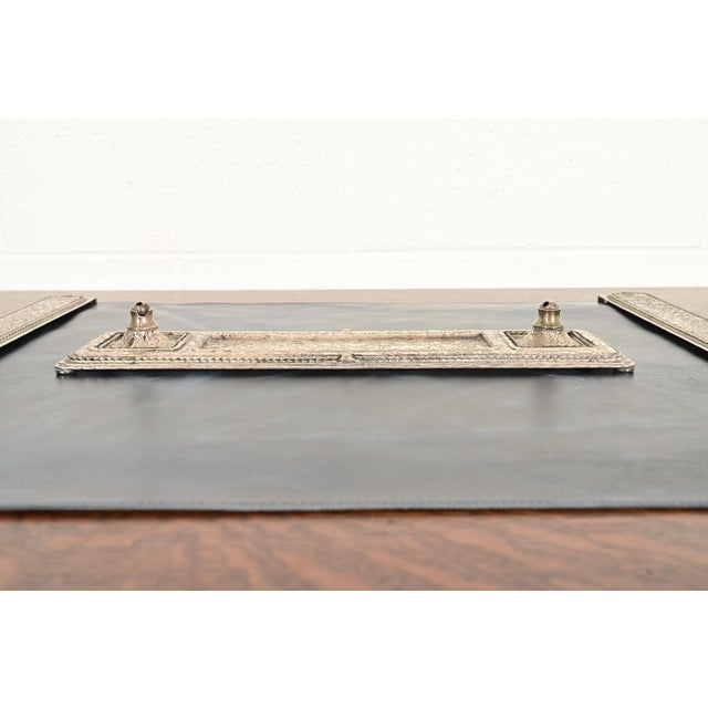 A gorgeous Arts & Crafts period acid silver finished hand hammered copper desk tray with double pen holder By Roycroft...