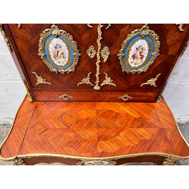 Brown Antique French Louis XV Style Inlaid King Wood Ladies Writing Desk For Sale - Image 8 of 18