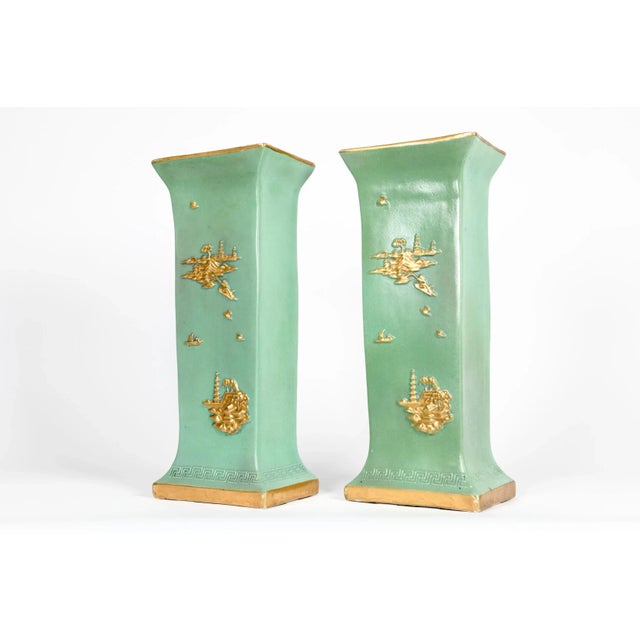 1920s English Glazed / Parcel Gilt Porcelain Vase Pieces - a Pair For Sale - Image 5 of 13