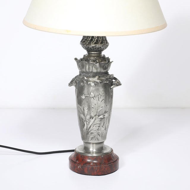 Lelievre Art Nouveau Rosso Levanto Marble Base & Pewter Table Lamp Signed E. Lelièvre For Sale - Image 4 of 16