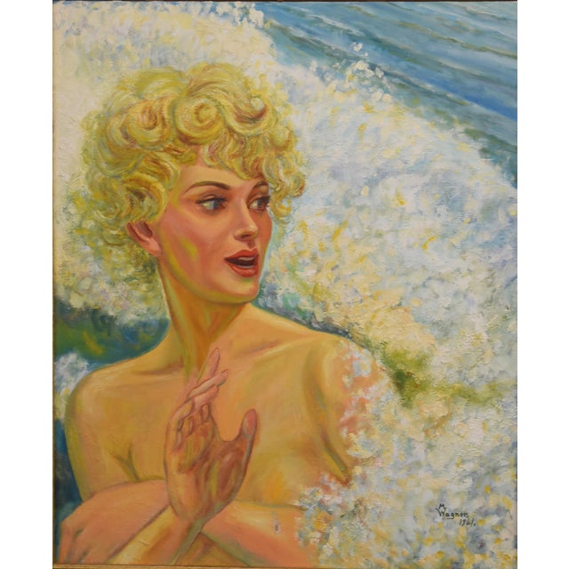 This captivating oil on canvas, measuring 22" x 26", depicts a fair-haired woman seemingly emerging from or being...