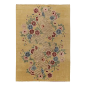 Rug & Kilim Chinese Style Art Deco Rug in Gold with Red & Blue Floral Patterns - 8'x10'