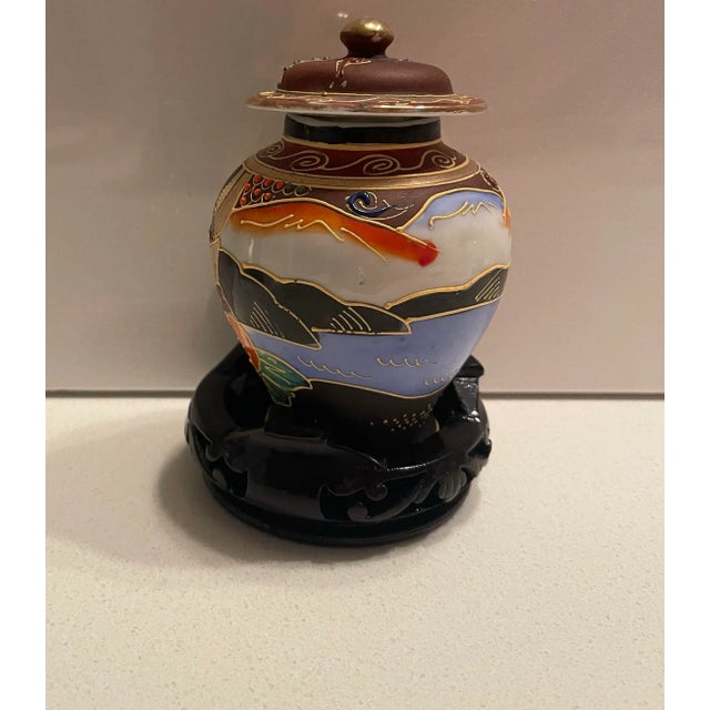 Miniature Hand-Painted Moriage Satsuma Jar, Made in Japan, Stamped For Sale - Image 9 of 12