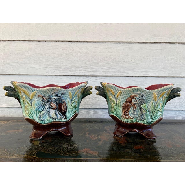 Pair Antique French Majolica Jardinières Insect Musician Cache Pot Planter C1880 For Sale - Image 9 of 18