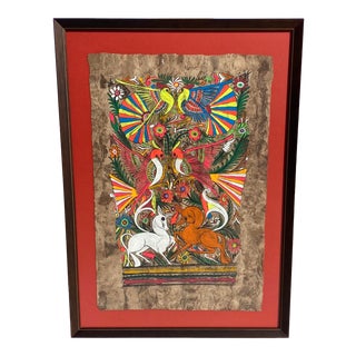 Vintage Mexican Folk Art Amate Bark Framed Painting For Sale