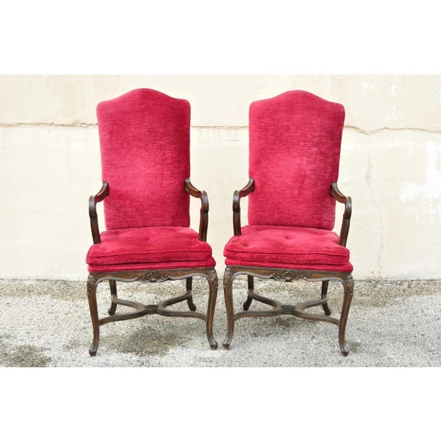 Vintage Italian Regency Style Carved Walnut Red Fabric Dining Chairs - Set of 6 For Sale - Image 4 of 12