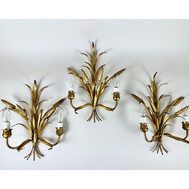 Exquisite set of 3 "Wheat Sheaf" sconces, originating from Florence, Italy, circa 1950. Crafted with remarkable attention...