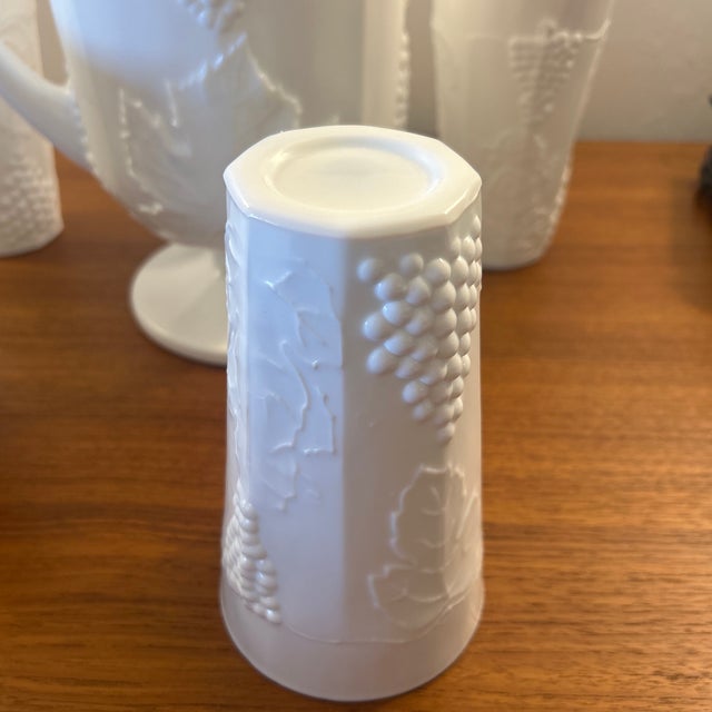 Indiana Glass Company White Milk Glass Colony Harvest Grape Pitcher and 4 Tumblers For Sale - Image 4 of 6