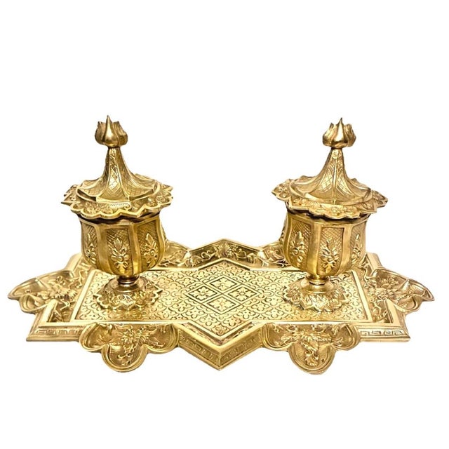 This striking antique French solid brass double inkwell dates to the late 19th century and showcases the Aesthetic...