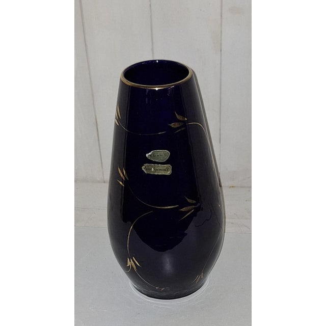 Mid-Century German Dark Blue Glazed Ceramic Vase with Hand-Painted Gilt Decoration from Scheurich, 1950s, in Very Good...