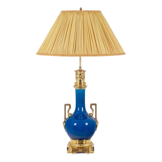 Table Lamp in Blue Porcelain with Gilded Bronze Handles, 1880s For Sale