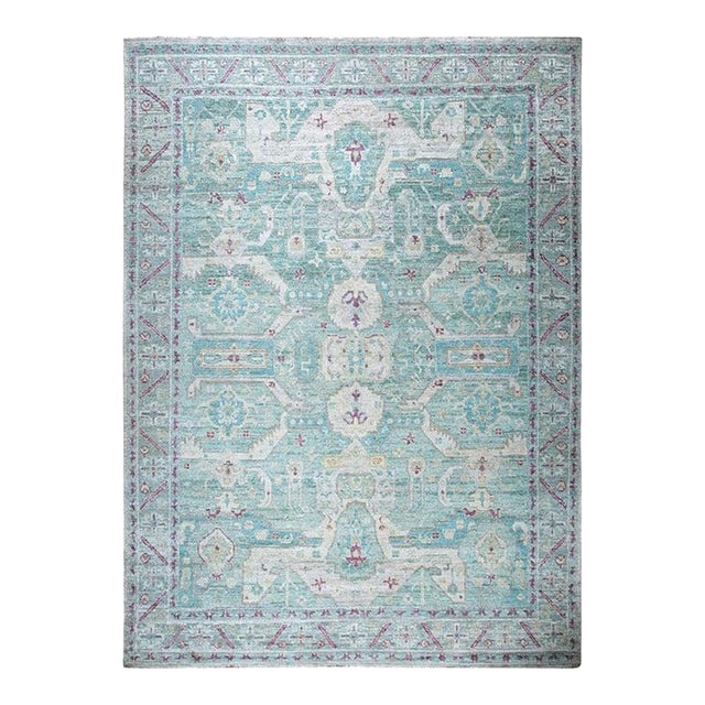 10x14 Green Hand-Knotted Silk Faded Turquoise Medallions Tribal Carpet Rug For Sale