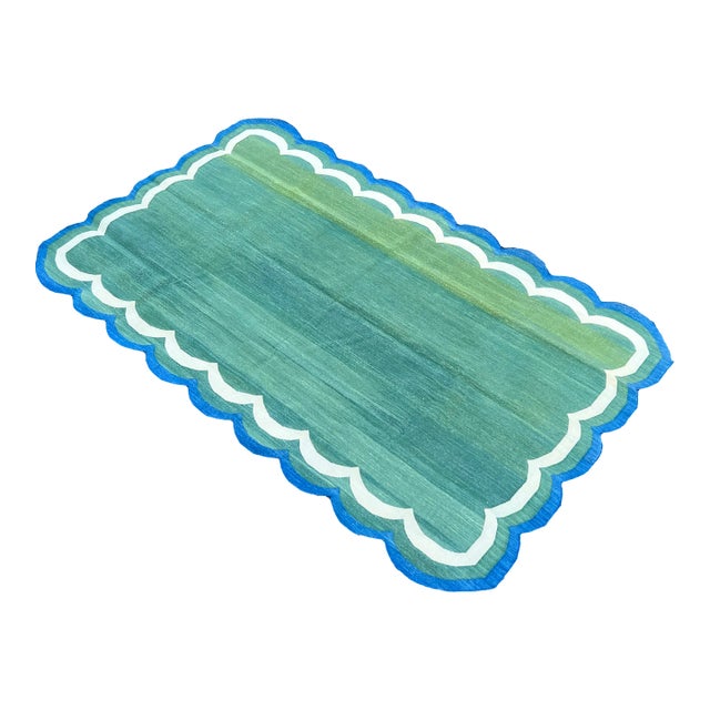 Handmade Cotton Area Scalloped Rug Forest Green, Cream and Royal Blue Border Dhurrie - 12'x15' For Sale