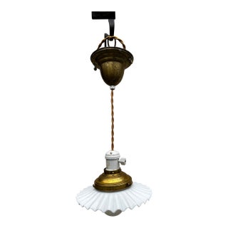 Vintage Brass Fixture With Knob and Tube, Braided Wire and Pinwheel Shade For Sale