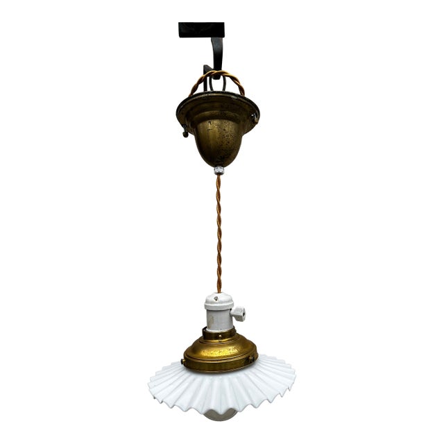 Vintage Brass Fixture With Knob and Tube, Braided Wire and Pinwheel Shade For Sale