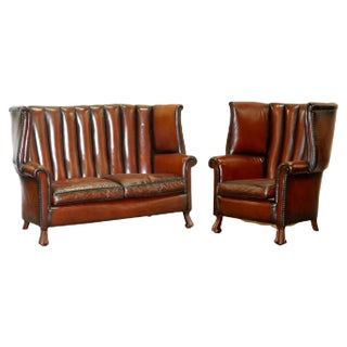 Set of Huge Victorian Brown Leather Barrel Back Suite Sofa Set, 1860s For Sale