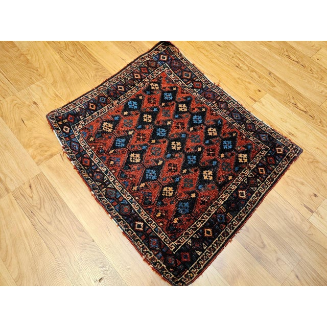Vintage Persian Kurdish Saddlebag Bagface Tribal Rug, Hand-Knotted Wool, Geometric Pattern, Burgundy & Navy, 2x2 For Sale - Image 4 of 10